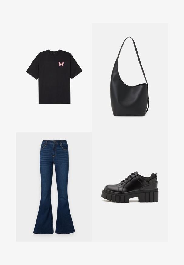 Camiseta de algodón negra de manga corta, con un pequeño gráfico de mariposa rosa en el lado izquierdo del pecho. Diseño de cuello redondo con un corte relajado.; Jeans acampanados de color azul oscuro, hechos de denim, con una cintura alta, cinco bolsillos y costuras visibles, con una textura suave y un diseño clásico.; Zapatos de plataforma de cuero negro con un tacón cuadrado grueso, punta redonda y diseño tradicional de cordones. Presenta una textura suave y un detalle minimalista.; Bolso tipo hobo de cuero negro con una textura suave, forma curvada y una sola correa ajustable; presenta una amplia apertura en la parte superior.