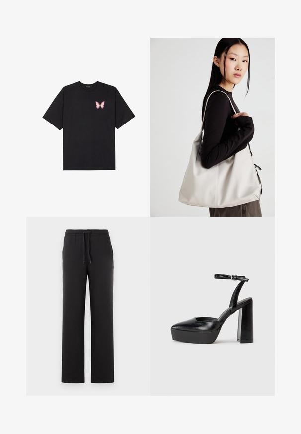 Crna pamučna majica s kratkim rukavima, s malim grafičkim prikazom ružičaste vjetricaste s desne strane na prsima. Dizajn s okruglim izrezom i opuštenim krojem.; Crne, ravne trenerke od mekog materijala, s elastičnim pojasom i vezicom, te bočnim džepovima.; Crne platforme s potpeticom s oštrim vrhom i podešivom naramenicom. Izrađene od glatke kože, s masivnom blok petom.; Bežna torba od mekog materijala s opuštenim dizajnom, šivanim detaljima i dva remena za rame. Pogodna za svakodnevnu upotrebu.