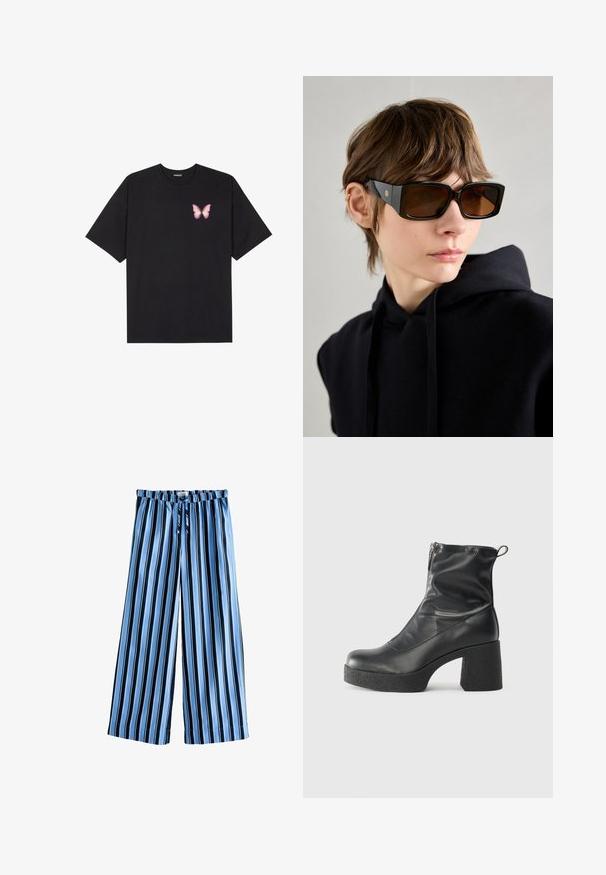 Must muströöpidega must puuvillane T-särk, vasakul rinnal on väike roosa liblikas. Ümar kaelus ja vabalt istuv lõige.; Rohked laiade säärega püksid helesinises ja tumesinisest, millel on paelaga vöökoht, pehme kangas ja mugav lõtv siluett.; Mustad mustad ansapüksid, mis on valmistatud siledast nahast, külje zipperiga, paksu tekstuuriga kontsaga ja ümmarguse nina disainiga.; Mustad üledimensioneeritud päikeseprillid läikiva viimistlusega, ristkülikukujuline kuju, pruuni tooni läätsega ja kuldne logo detaili sagedatel.; Must musta õlakott lahtise kuju ja õmbluse detailidega. Mudel kannab roosa ja valge triibulist särki koos laia jalgadega siniste teksadega.