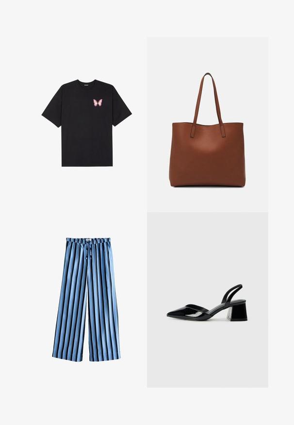 Melna kokvilnas T-krekls ar īsām piedurknēm, kuram priekšā kreisajā pusē ir neliels rozā tauriņa grafiskais attēls. Ar apaļu kaklu un brīvā stila piegriezumu.; Vasaras platais bikses ar svītrām gaiši zilā un tumši zilā krāsā, ar regulējamu jostu, mīkstu audumu un brīvu siluetu, nodrošinot komfortu.; Melna lakota āda ar atvērto papēdi, ar smailu purngalu un ģeometrisku blokpapēdi. Iezīmējas elegants, minimāls dizains un gluda tekstūra.; Brūna ādas iepirkumu soma ar gludu tekstūru, atvērta augšdaļa un divas plecu siksnas. Izceļas ar minimālām šuvēm un redzamu aparatūru nav.