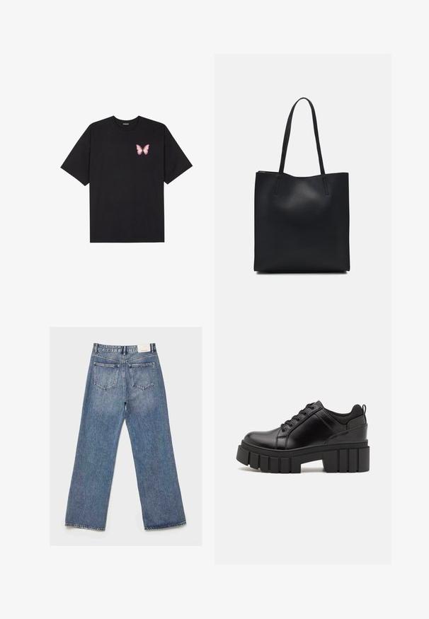 Črna bombažna majica s kratkimi rokavi, ki ima majhen roza metuljček na levi strani prsnega dela. Majica s krožnim ovratnikom in sproščenim krojem.; Svijetloplave traperice širokog kroja. Dve zadnje džepove, izblijeđenu teksturu i oznaku na pojasu pozadi.; Črne usnjene platforme z debelim blokastim petam, okroglo konico in klasičnim vezanjem. Imajo gladko teksturo in minimalne podrobnosti.; Črna usnjena torba s svilnato teksturo, pravokotne oblike in dvema dolgima ročajema. Brez vidnih metalnih delov ali okrasnih elementov.