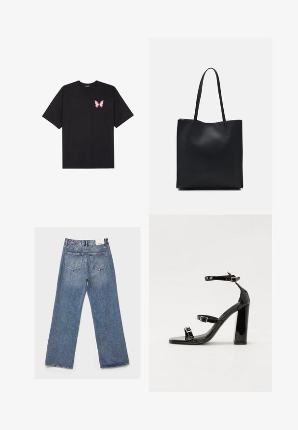 Crna pamučna majica s kratkim rukavima, s malim grafičkim prikazom ružičaste vjetricaste s desne strane na prsima. Dizajn s okruglim izrezom i opuštenim krojem.; Svijetloplave traperice s opuštenim, širokim nogavicama. Dva stražnja džepa, izblijedjela tekstura i etiketa na pojasu pozadi.; Crne lakirane sandale na pete sa kvadratnim nosom, trakama oko gležnja i srebrnim kopčama. Imaju čvrst blok petu za stabilnost.; Crna kožna torba za nošenje s glatkom teksturom, pravokutnim oblikom i dvije duge ručke. Nema vidljivih metalnih dijelova ili ukrasa.
