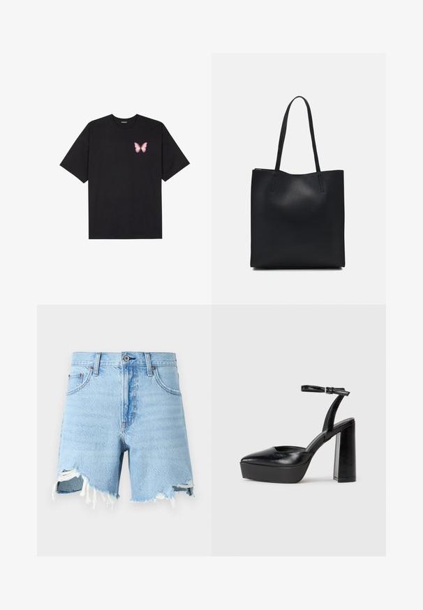 Black cotton t-shirt with short sleeves, featuring a small pink butterfly graphic on the left chest. Crew neck design with a relaxed fit.; Light blue denim shorts with a classic five-pocket design, frayed hem, and distressed details on the front.; Black platform heels with a pointed toe and adjustable ankle strap. Constructed from smooth leather, featuring a chunky block heel.; Black leather tote bag with smooth texture, rectangular shape, and two long handles. No visible hardware or embellishments.