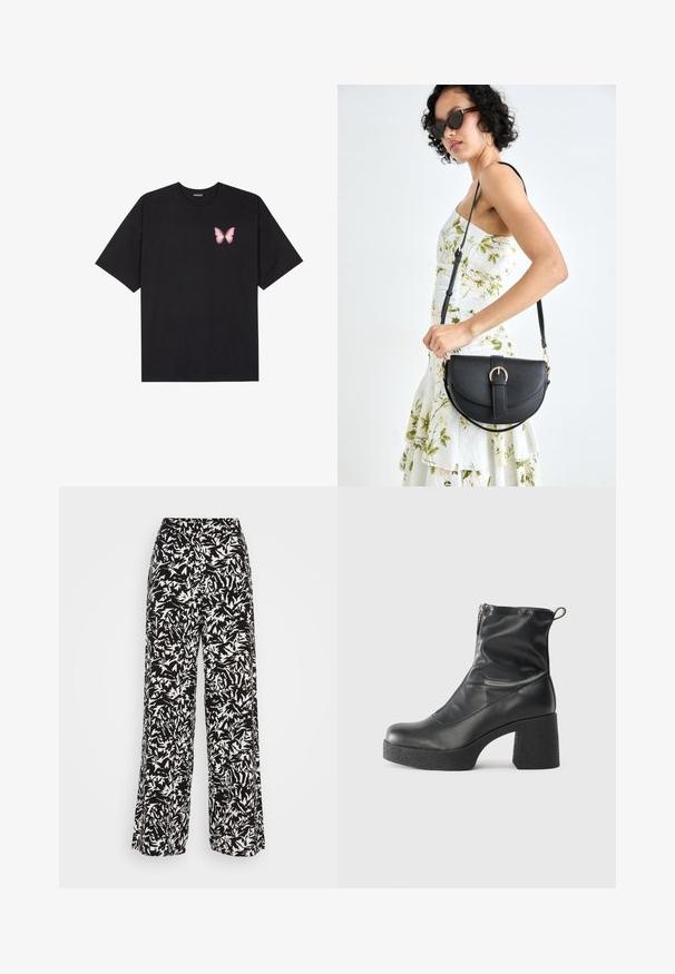 Black cotton t-shirt with short sleeves, featuring a small pink butterfly graphic on the left chest. Crew neck design with a relaxed fit.; Wide-leg trousers featuring a black and white abstract pattern. Made from lightweight fabric with a smooth texture and high waist design.; Black ankle boots made of smooth leather, featuring a side zipper, chunky textured heel, and rounded toe design.; Black leather handbag with a curved shape, detachable strap, and gold hardware. The bag features a flap with a buckle detail.