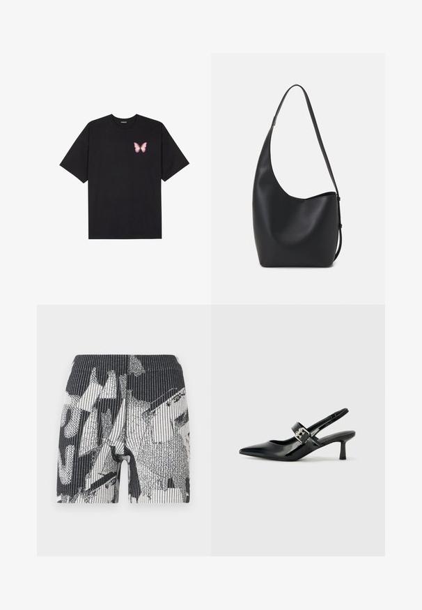 Black cotton t-shirt with short sleeves, featuring a small pink butterfly graphic on the left chest. Crew neck design with a relaxed fit.; Black and white patterned shorts with a ribbed texture. Design features abstract shapes and stripes. Elastic waistband for snug fit.; Black patent leather slingback heels with a pointed toe and a small block heel, featuring a silver buckle accent on the strap.; Black leather hobo bag with a smooth texture, curved shape, and single adjustable strap; features a wide opening at the top.