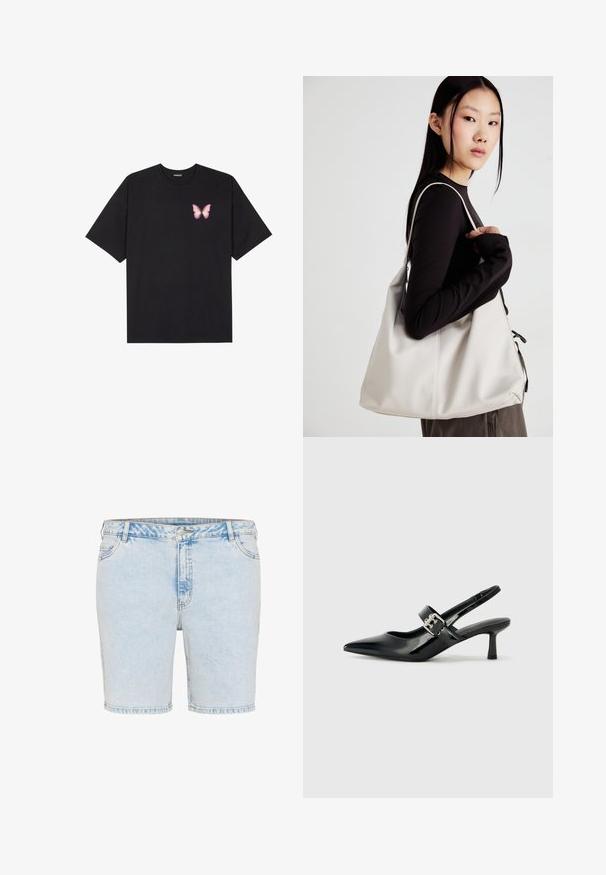 Fekete pamut póló rövid ujjakkal, bal mellkason egy kis rózsaszín pillangó grafikával. Kerek nyakú kialakítás, laza fazonnal.; Világoskék farmer rövidnadrág egyenes szabással, öt zsebbel és látható varrással. Gombbal és cipzárral záródik.; Fekete lakkbőr slingback sarkú cipők hegyes orral és kis blokk talppal, ezüst csat díszítéssel a pánton.; Puha anyagból készült bézs kézitáska, laza dizájnnal, varrott részletekkel és két vállpánttal. Mindennapi használatra alkalmas.