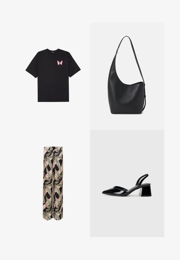 Črna bombažna majica s kratkimi rokavi, ki ima majhen roza metuljček na levi strani prsnega dela. Majica s krožnim ovratnikom in sproščenim krojem.; Palazzo hlače z črnim podlagom in drznim listnatim vzorcem v zeleni, bež in rdeči barvi, z elastičnim pasom za udobje.; Črne lakirane slingback pete s koničastim nosom in geometrijsko blokasto peto. Imajo eleganten, minimalističen dizajn in gladko teksturo.; Črna usnjena hobo torba z gladko teksturo, ukrivljeno obliko in eno nastavljivo naramnico; ima širok odprtina na vrhu.