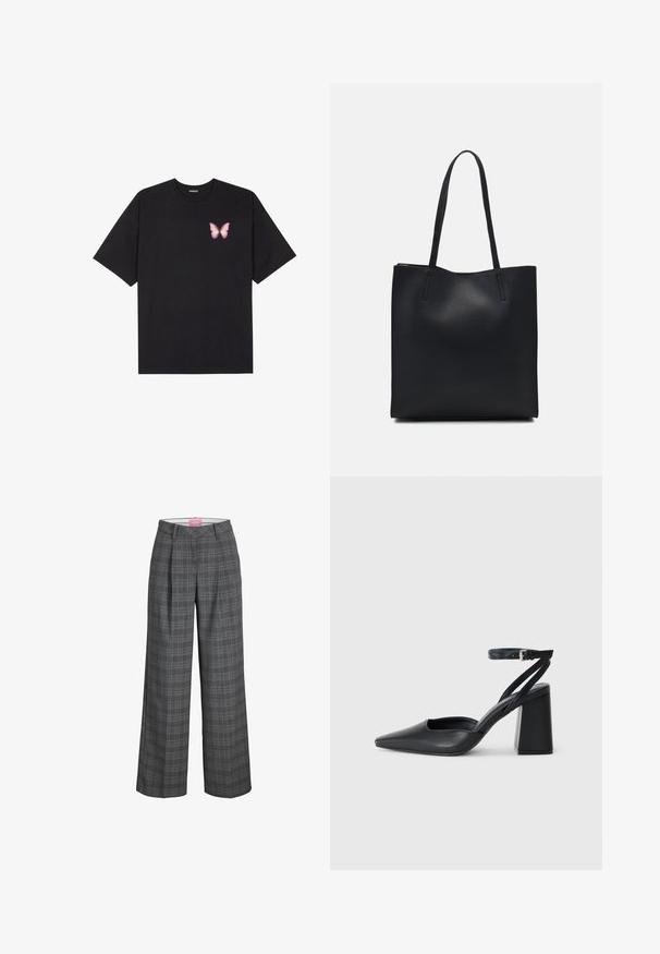 Black cotton t-shirt with short sleeves, featuring a small pink butterfly graphic on the left chest. Crew neck design with a relaxed fit.; Gray plaid wide-leg trousers with a high waistband, featuring front pleats and a smooth texture. Label visible inside waistband.; Black leather pointy-toe pump with an ankle strap and a chunky heel. Flat texture, sleek design, and minimalistic aesthetics.; Black leather tote bag with smooth texture, rectangular shape, and two long handles. No visible hardware or embellishments.