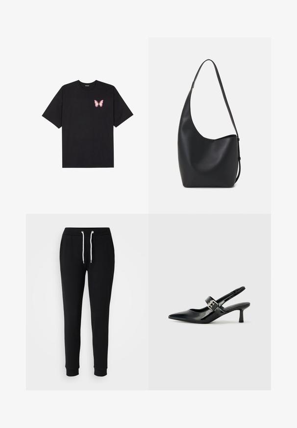 Črna bombažna majica s kratkimi rokavi, ki ima majhen roza metuljček na levi strani prsnega dela. Majica s krožnim ovratnikom in sproščenim krojem.; Črne trenirke z vrvico v pasu, belimi vrvicami, oprijetimi hlačnicami in rebrastimi manšetami. Narejene iz mehkega in udobnega materiala.; Črne patent usnjene slingback pete s koničastim nosom in majhnim blok peto, ki vključujejo srebrno zaponko na traku.; Črna usnjena hobo torba z gladko teksturo, ukrivljeno obliko in eno nastavljivo naramnico; ima širok odprtina na vrhu.