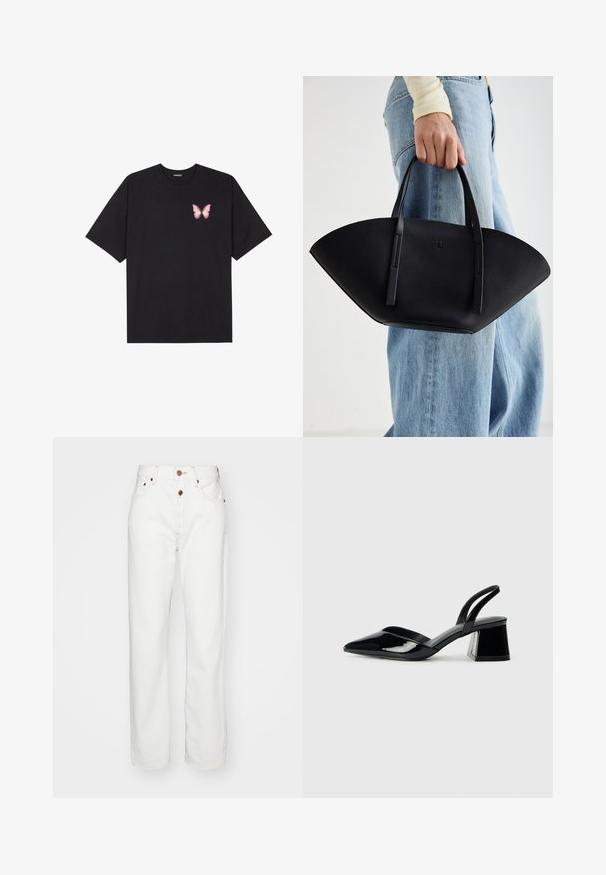 Must muströöpidega must puuvillane T-särk, vasakul rinnal on väike roosa liblikas. Ümar kaelus ja vabalt istuv lõige.; Valged teksad sirge lõikega; omaduseks on nööp ja lukk, pruun õmblus ning esikotid.; Mustad musta lakknahk kingad, millel on terav varvas ja geomeetriline plokkkonts. Omab elegantselt minimalistlikku disaini ja sujuvat tekstuuri.; Must mustra kott, millel on unikaalne fännikujuline disain, millel on lapikud käepidemed. Pinna tekstuur on kivikujuline ja disain on minimalistlik.