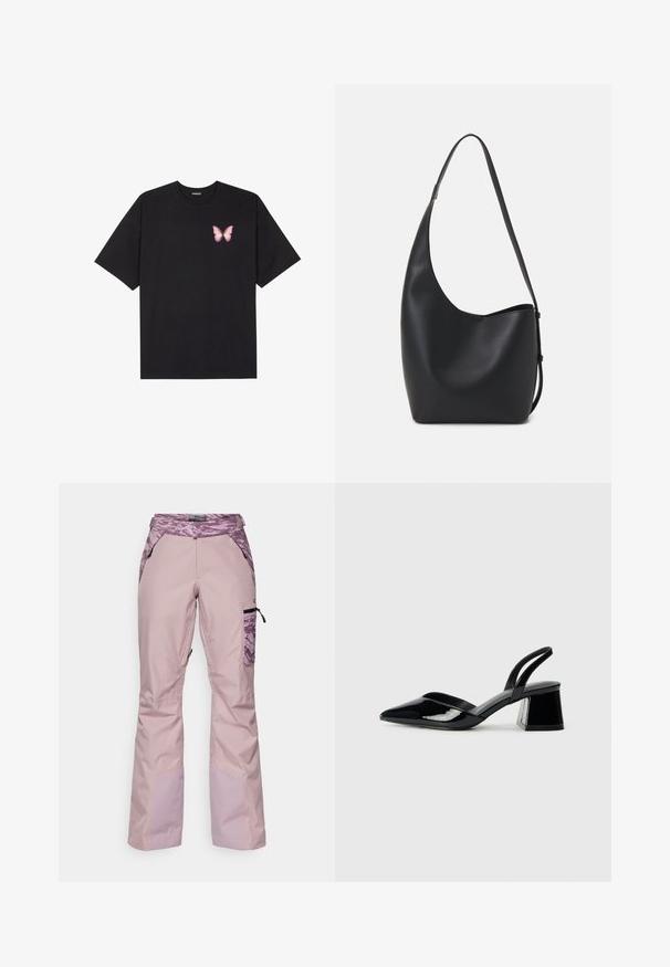 T-shirt nera in cotone con maniche corte, caratterizzata da una piccola grafica di una farfalla rosa sul lato sinistro del petto. Design a girocollo con una vestibilità rilassata.; Pantaloni da sci impermeabili rosa con vita e tasche laterali a motivo viola, dotati di dettagli con zip e fondo svasato. Costruzione in tessuto resistente.; Décolleté in vernice nera con punta affusolata e tacco in geometria cubica. Presentano un design elegante e minimalista, con una texture liscia.; Borsa hobo nera in pelle con una superficie liscia, forma curvata e una singola tracolla regolabile; presenta un'ampia apertura nella parte superiore.