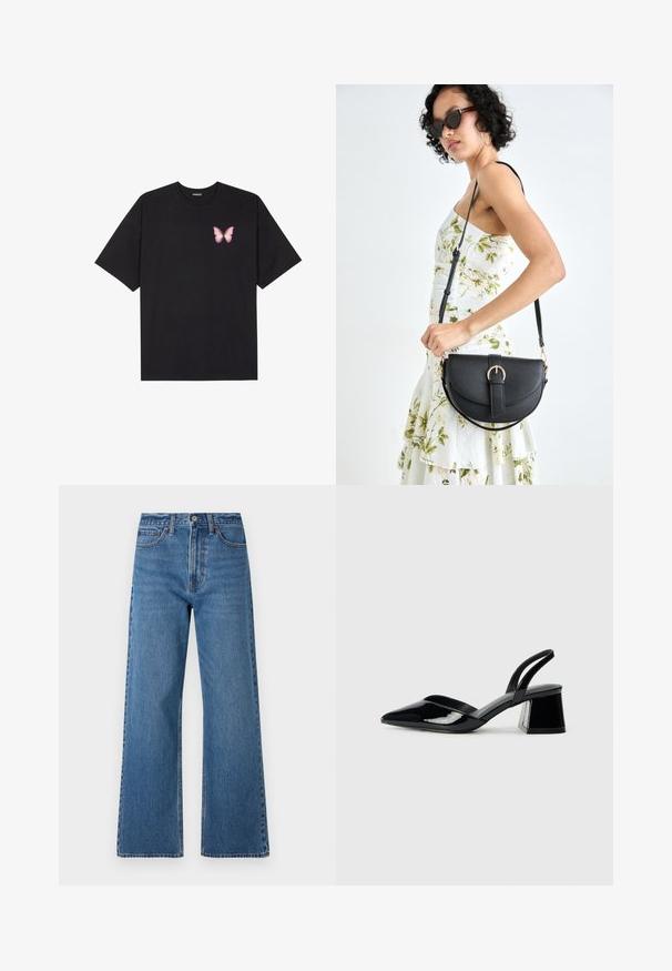 Melna kokvilnas T-krekls ar īsām piedurknēm, kuram priekšā kreisajā pusē ir neliels rozā tauriņa grafiskais attēls. Ar apaļu kaklu un brīvā stila piegriezumu.; Platas kājas zili denima džinsi ar augstu vidukli, ar pogu aizdari, piecu kabatu dizainu un redzamām šuvju detaļām.; Melna lakota āda ar atvērto papēdi, ar smailu purngalu un ģeometrisku blokpapēdi. Iezīmējas elegants, minimāls dizains un gluda tekstūra.; Melnas ādas rokassoma ar izliekta formu, noņemamu siksnu un zelta aksesuāriem. Somai ir vāciņš ar sprādzes detaļu.