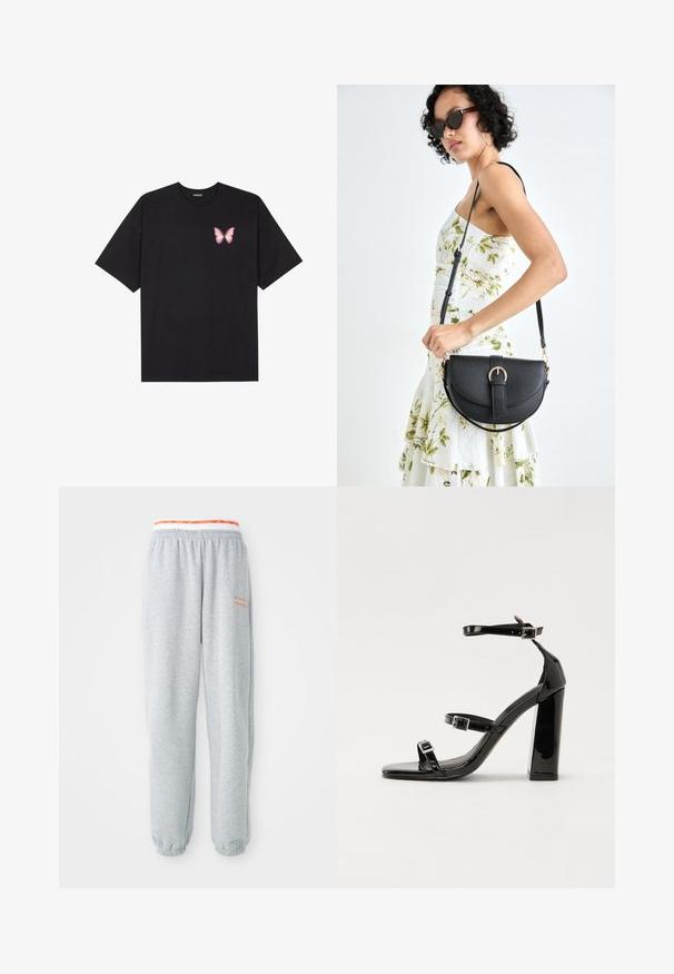 T-shirt de algodão preto com mangas curtas, apresentando um pequeno gráfico de borboleta rosa no lado esquerdo do peito. Design de gola redonda com um corte solto.; Calças de moletom cinzentas com cintura elástica, apresentando um logótipo da Nike em vermelho e branco. Punhos nos tornozelos, tecido macio e um corte descontraído.; Sandálias pretas de verniz com salto alto, duas fivelas, biqueira quadrada e salto largo, apresentando uma textura lisa e brilhante.; Bolsa de couro preta com forma curva, alça destacável e detalhes em dourado. A bolsa possui uma aba com detalhe de fivela.
