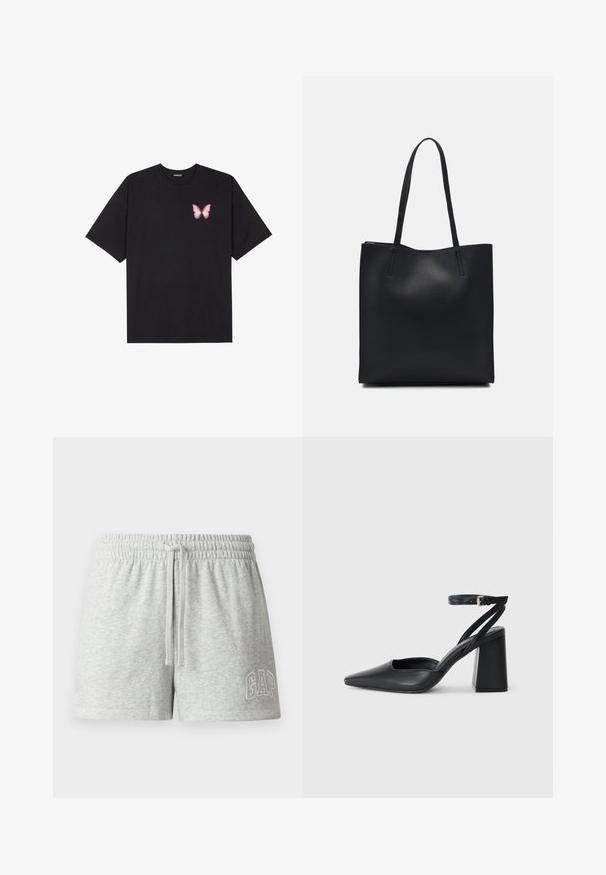 Juodas medvilnės marškinėliai trumpomis rankovėmis, su maža rožine drugelio grafika kairėje krūtinės pusėje. Apvalus kaklo iškirpimas, laisvas kirpimas.; Pilki medvilniniai šortai su elastingu juosmeniu, reguliuojamu raišteliu ir išsiuvinėtu "GAP" logotipu balta spalva kairėje kojoje.; Juoda odinė smailiagalė aukštakulnio bateliai su kulkšnies dirželiu ir storu kulnu. Lygus paviršius, elegantiškas dizainas ir minimalistiška estetinė. ; Juodas odinis tote krepšys su lygia tekstūra, stačiakampio formos ir dviem ilgais rankenomis. Matomų metalinių detalių ar puošybos nėra.