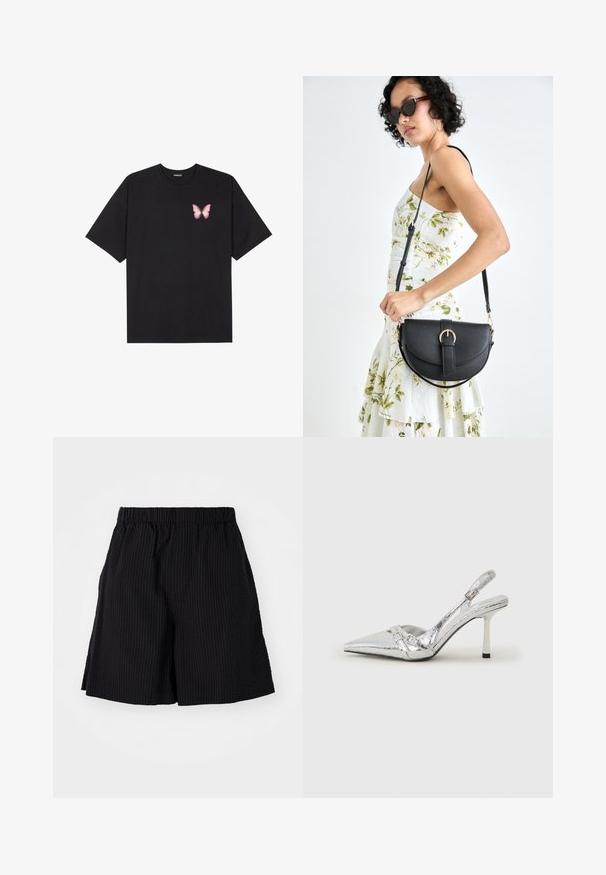 Črna bombažna majica s kratkimi rokavi, ki ima majhen roza metuljček na levi strani prsnega dela. Majica s krožnim ovratnikom in sproščenim krojem.; Črne hlače kratke narejene iz strukturirane tkanine z rebrastim vzorcem. Imajo elastičen pas in sproščen kroj. Se končajo tik nad kolenom.; Srebrna slingback visoka peta čevlja s špičastim nosom, metalnim finišem, dvema dekorativnima trakama in tanko peto z črnim vrhom.; Črna usnjena torbica s ukrivljeno obliko, z odstranljivo naramnico in zlatimi dodatki. Torbica ima pokrov s podrobnostmi v obliki zaponke.