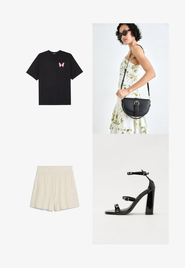 Tricou negru din bumbac cu mâneci scurte, având pe partea stângă a pieptului un mic grafic cu un fluture roz. Design cu guler rotund și croială lejeră.; Şorturi atletice bej cu pliuri, cu un brâu lat și un mic logo alb pe partea stângă anterioară, având un design lejer.; Sandale cu toc din patent negru, cu vârf pătrat, curele la gleznă și catarame din argint. Dispune de un toc gros pentru stabilitate.; Geantă din piele neagră, cu o formă curbată, curea detașabilă și accesorii aurii. Geanta are un capac cu un detaliu tip cataramă.