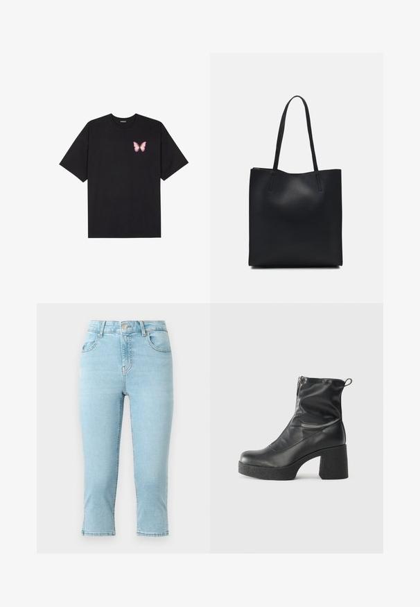 Svart bomullströja med korta ärmar, med en liten rosa fjärilsgrafik på vänster bröst. Rundad halsdesign med en avslappnad passform.; Ljust blå denimjeans med hög midja, kort längd, fem fickor och sydd detaljer längs sömmarna och fållen.; Svarta ankelstövlar i slitstark läder, med sidodragkedja, kraftig strukturerad klack och rundad tådesign.; Svart lädertoffelväska med slät textur, rektangulär form och två långa handtag. Ingen synlig hårdvara eller dekorationer.