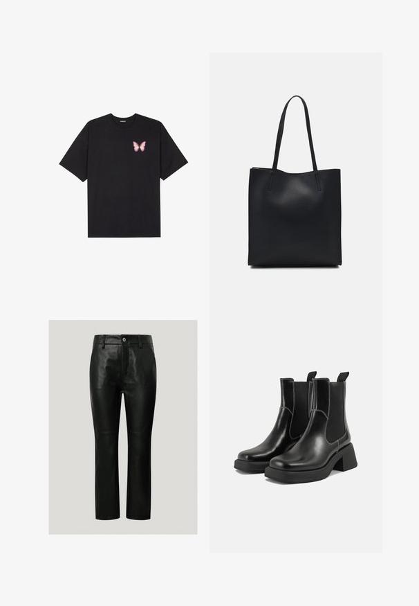 Melna kokvilnas T-krekls ar īsām piedurknēm, kuram priekšā kreisajā pusē ir neliels rozā tauriņa grafiskais attēls. Ar apaļu kaklu un brīvā stila piegriezumu.; Melna ādas bikses ar gludu tekstūru, taisnu kāju dizainu, vienu metāla pogu un redzamām šuvēm gar šuvēm.; Melni ādas Čelsijas zābaki ar masīvu papēdi, elastīgām sānu panelēm un kontrastējošu balto šuvumu. Teksturēts apdare.; Melnas ādas somiņa ar gludu tekstūru, taisnstūra formu un divām garām rokturiem. Nav redzamu aparatūras vai rotājumu.