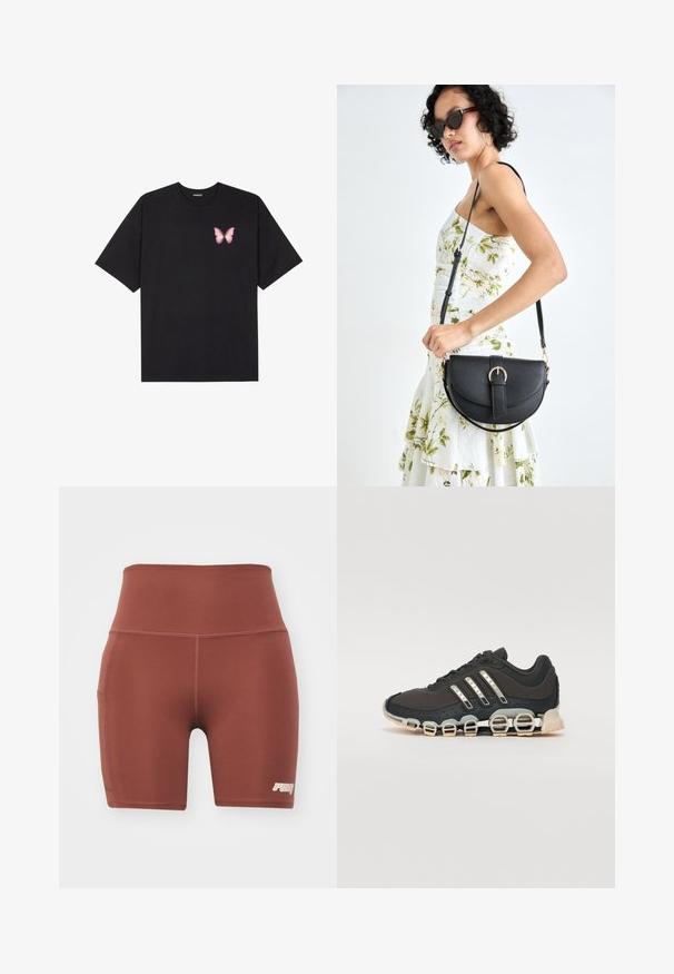 Black cotton t-shirt with short sleeves, featuring a small pink butterfly graphic on the left chest. Crew neck design with a relaxed fit.; Brown fitted athletic shorts with a high waistband, made from smooth fabric. Features a side pocket and a small logo in the bottom right corner.; Black athletic shoe with a textured upper, three silver stripes, and a distinctive cushioning sole featuring multiple integrated sections.; Black leather handbag with a curved shape, detachable strap, and gold hardware. The bag features a flap with a buckle detail.