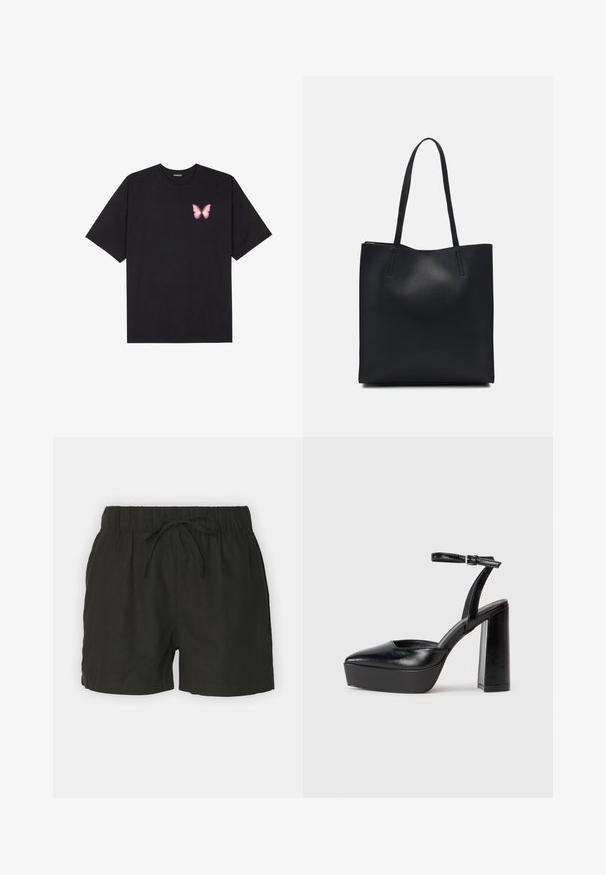 Czarny bawełniany t-shirt z krótkim rękawem, z małym różowym motylkiem na lewej piersi. Klasyczny dekolt z luźnym fasonem.; Czarne lniane szorty z elastycznym pasem i regulowanym sznurkiem. Charakteryzują się prostym designem i przewiewną strukturą.; Czarne platformy na wysokim obcasie z szpiczastym noskiem i regulowanym paskiem na kostkę. Wykonane z gładkiej skóry, z grubym słupkowym obcasem.; Czarna skórzana torba tote o gładkiej fakturze, prostokątnym kształcie i dwóch długich uchwytach. Brak widocznych elementów metalowych i ozdób.