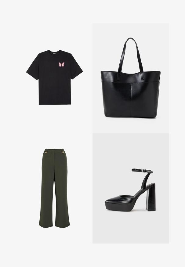 Črna bombažna majica s kratkimi rokavi, ki ima majhen roza metuljček na levi strani prsnega dela. Majica s krožnim ovratnikom in sproščenim krojem.; Maslinasto zelene široke hlače z gladko teksturo, z dvema zlatima gumboma na pasu in čisto, natančno silhueto.; Črne platforme z visokimi petami in koničastim nosom ter nastavljivim gležnjenjskim trakom. Narejene iz gladke usnje, s kockasto peto.; Črna usnjena torba z dvema dolgima ročajema, gladko teksturo in strukturirano obliko. Ima sprednji žep za dodatno shranjevanje.