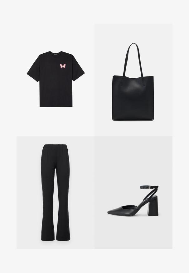 Črna bombažna majica s kratkimi rokavi, ki ima majhen roza metuljček na levi strani prsnega dela. Majica s krožnim ovratnikom in sproščenim krojem.; Črne hlače s širokimi hlačnicami in elastičnim pasom, ki imajo gladko teksturo in brez vidnih vzorcev ali kovinskih detajlov.; Črne usnjene klasične čevlje z ostrim nosom, z zaponko za gleženj in debelim peto. Ravna tekstura, eleganten dizajn in minimalistična estetika.; Črna usnjena torba s svilnato teksturo, pravokotne oblike in dvema dolgima ročajema. Brez vidnih metalnih delov ali okrasnih elementov.