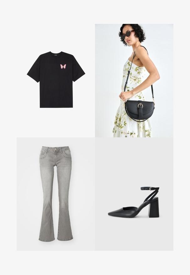 Črna bombažna majica s kratkimi rokavi, ki ima majhen roza metuljček na levi strani prsnega dela. Majica s krožnim ovratnikom in sproščenim krojem.; Sive široke kavbojke z srednjim pasom, sprednjimi žepi in gumbom za zapiranje, izdelane iz denima z gladko teksturo.; Črne usnjene klasične čevlje z ostrim nosom, z zaponko za gleženj in debelim peto. Ravna tekstura, eleganten dizajn in minimalistična estetika.; Črna usnjena torbica s ukrivljeno obliko, z odstranljivo naramnico in zlatimi dodatki. Torbica ima pokrov s podrobnostmi v obliki zaponke.