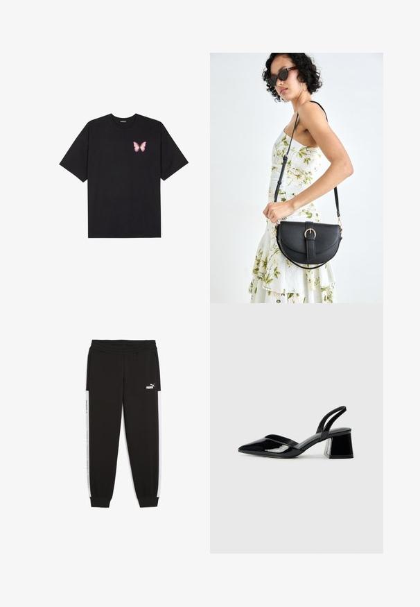 Czarny bawełniany t-shirt z krótkim rękawem, z małym różowym motylkiem na lewej piersi. Klasyczny dekolt z luźnym fasonem.; Czarne dresy z elastycznym paskiem w talii, bocznymi kieszeniami i białymi paskami po bokach z detalami logo. Wykonane z miękkiego, elastycznego materiału.; Czarne lakierowane półbuty na obcasie z wydłużonym noskiem i geometrycznym słupkiem. Charakteryzują się eleganckim, minimalistycznym designem oraz gładką fakturą.; Czarna skórzana torebka o zakrzywionym kształcie, z odpinanym paskiem i złotymi akcentami. Torebka posiada klapę z zapięciem w kształcie klamry.