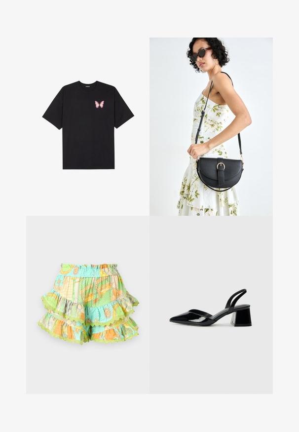 Zwarte katoenen t-shirt met korte mouwen, voorzien van een kleine roze vlinder graphic op de linkerkant van de borst. Crew neck ontwerp met een relaxte fit.; Kleurrijke gelaagde shorts met een elastische tailleband, voorzien van patronen in groen, oranje en blauw, afgewerkt met golvende randen.; Zwarte gepatineerde leren slingback hakken met een spitse neus en een geometrische blokhak. Kenmerkt zich door een slank, minimalistisch ontwerp en een gladde textuur.; Zwarte leren handtas met een gebogen vorm, afneembare schouderband en gouden hardware. De tas heeft een klep met een gespsluiting.