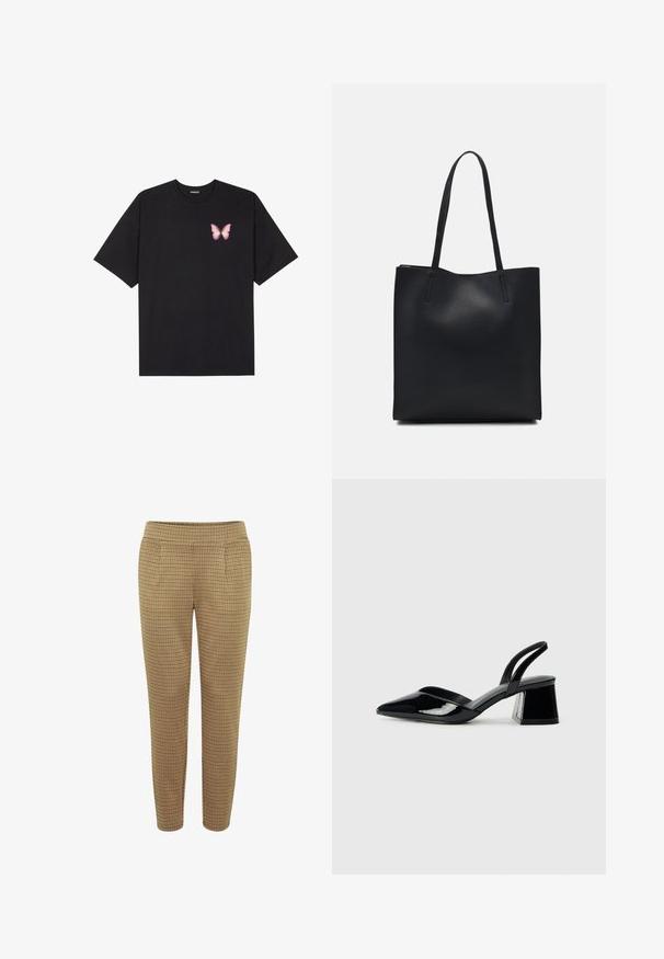 Black cotton t-shirt with short sleeves, featuring a small pink butterfly graphic on the left chest. Crew neck design with a relaxed fit.; Brown plaid trousers with a fitted shape, elastic waistband, and two side pockets. The fabric has a smooth texture with a checkered pattern.; Black patent leather slingback heels with a pointed toe and a geometric block heel. Features a sleek, minimal design and smooth texture.; Black leather tote bag with smooth texture, rectangular shape, and two long handles. No visible hardware or embellishments.
