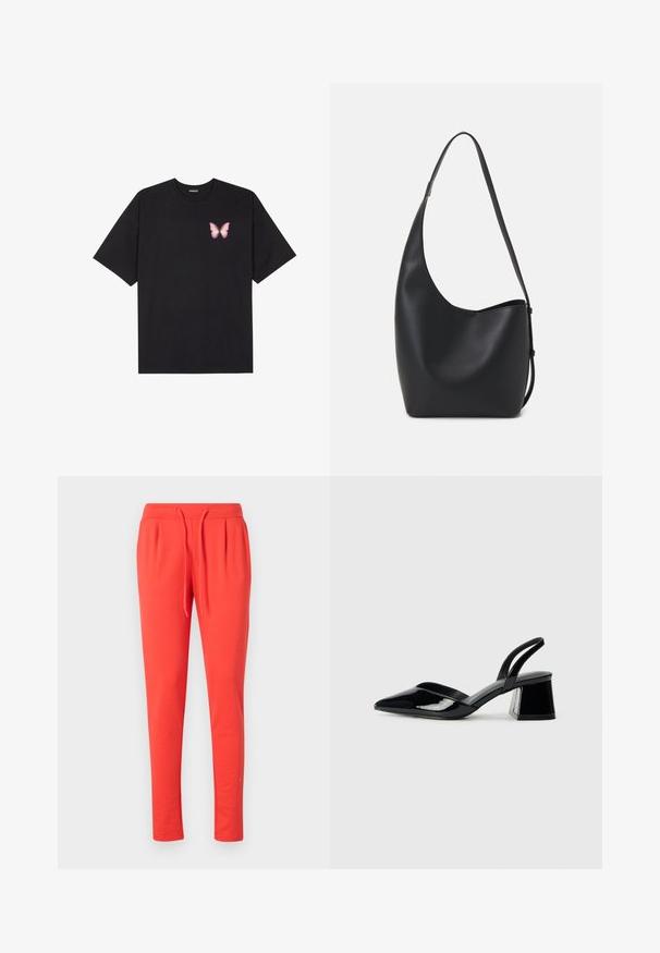 Fekete pamut póló rövid ujjakkal, bal mellkason egy kis rózsaszín pillangó grafikával. Kerek nyakú kialakítás, laza fazonnal.; Piros dzsogger nadrág puha anyagból, rugalmas derékkal és állítható zsinórral. Cikkcakkos lábvágású kialakítással rendelkezik.; Fekete lakk bőr szandálkés magas sarkú cipő, hegyes orral és geometrikus tömbsarkakkal. Karcsú, minimalista dizájn és sima textúra jellemzi.; Fekete bőr hobo táska sima textúrával, ívelt formával és egyetlen állítható pánttal; széles nyílás található a tetején.