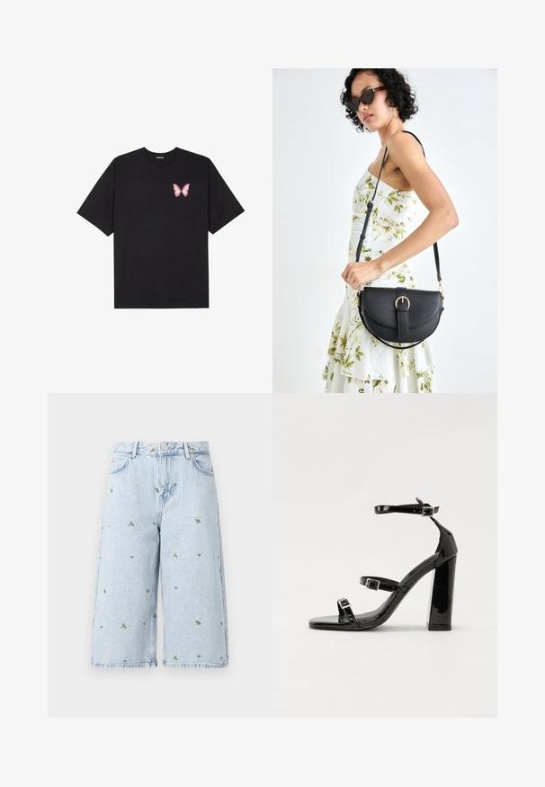 Fekete pamut póló rövid ujjakkal, bal mellkason egy kis rózsaszín pillangó grafikával. Kerek nyakú kialakítás, laza fazonnal.; Világoskék farmer rövidnadrág virágos hímzéssel, amelyen margaréták és zöld levelek találhatók. Klasszikus öt zsebes dizájn és rojtos szegély.; Fekete lakk magas sarkú szandál négyzet alakú orral, bokapántokkal és ezüst csatokat tartalmaz. Masszív blokk sarka a stabilitásért felel.; Fekete bőrtáska ívelt formával, levehető pánttal és arany színű fémrészekkel. A táskán egy csattal díszített fedél található.
