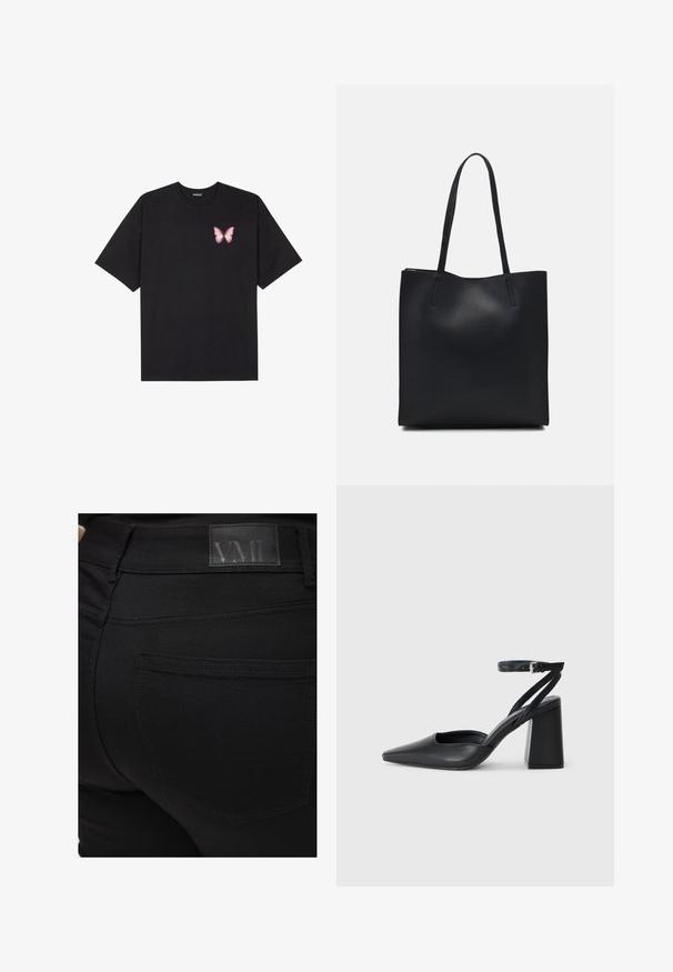 Black cotton t-shirt with short sleeves, featuring a small pink butterfly graphic on the left chest. Crew neck design with a relaxed fit.; Black skinny jeans with a smooth texture. Features a VMD logo patch at the waistband, back pocket detail, and fitted design.; Black leather pointy-toe pump with an ankle strap and a chunky heel. Flat texture, sleek design, and minimalistic aesthetics.; Black leather tote bag with smooth texture, rectangular shape, and two long handles. No visible hardware or embellishments.