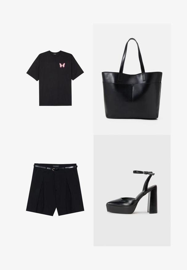 Črna bombažna majica s kratkimi rokavi, ki ima majhen roza metuljček na levi strani prsnega dela. Majica s krožnim ovratnikom in sproščenim krojem.; Črne kratke hlače s pliseji, opremljene s ožjim črnim pasom z zlatim sponko. Izdelane so iz gladkega materiala, kar zagotavlja eleganten videz.; Črne platforme z visokimi petami in koničastim nosom ter nastavljivim gležnjenjskim trakom. Narejene iz gladke usnje, s kockasto peto.; Črna usnjena torba z dvema dolgima ročajema, gladko teksturo in strukturirano obliko. Ima sprednji žep za dodatno shranjevanje.