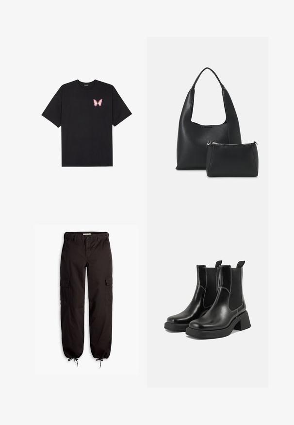 Tricou negru din bumbac cu mâneci scurte, având pe partea stângă a pieptului un mic grafic cu un fluture roz. Design cu guler rotund și croială lejeră.; Pantaloni cargo negri, dintr-un material durabil, cu multiple buzunare laterale, un șnur ajustabil la mansete și închidere cu nasture.; Botine Chelsea din piele neagră, cu toc masiv, panouri laterale elastice și cusături albe contrastante. Finisaj texturat.; Even&Odd Geantă de mână - black