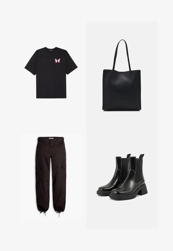 Tricou negru din bumbac cu mâneci scurte, având pe partea stângă a pieptului un mic grafic cu un fluture roz. Design cu guler rotund și croială lejeră.; Pantaloni cargo negri, dintr-un material durabil, cu multiple buzunare laterale, un șnur ajustabil la mansete și închidere cu nasture.; Botine Chelsea din piele neagră, cu toc masiv, panouri laterale elastice și cusături albe contrastante. Finisaj texturat.; Geantă tote neagră din piele, cu textură netedă, formă rectangulară și două mânere lungi. Fără hardware vizibil sau ornamente.