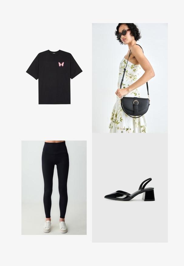T-shirt nera in cotone con maniche corte, caratterizzata da una piccola grafica di una farfalla rosa sul lato sinistro del petto. Design a girocollo con una vestibilità rilassata.; Leggings neri a vita alta realizzati in tessuto elasticizzato, con una texture liscia e gambe affusolate, abbinati a scarpe da ginnastica bianche.; Décolleté in vernice nera con punta affusolata e tacco in geometria cubica. Presentano un design elegante e minimalista, con una texture liscia.; Borsa a tracolla nera in pelle con una forma curva, manico rimovibile e accessori dorati. La borsa presenta una patta con un dettaglio a fibbia.