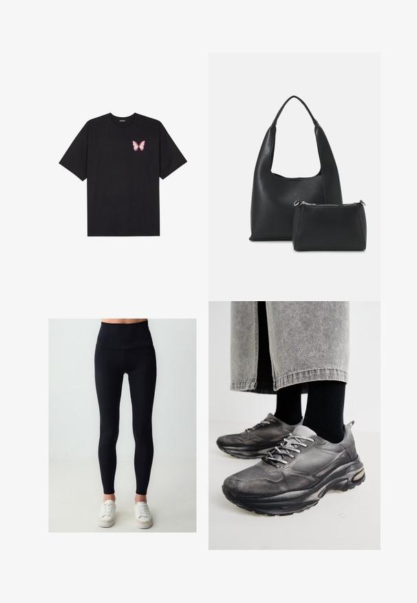 Schwarzes Baumwoll-T-Shirt mit kurzen Ärmeln, das ein kleines pinkes Schmetterlingsmotiv auf der linken Brust zeigt. Crewneck-Design mit einem entspannten Schnitt.; Schwarze, hochtaillierte Leggings aus dehnbarem Stoff, mit glatter Textur und schmal zulaufenden Beinen, kombiniert mit weißen Sportschuhen.; Schwarze und graue Sportschuhe verfügen über ein Obermaterial aus Mesh, dicke Sohlen und Schnürsenkel. Sie haben eine abgerundete Zehenpartie und sichtbare Dämpfungsdetails.; Even&Odd Handtasche - black