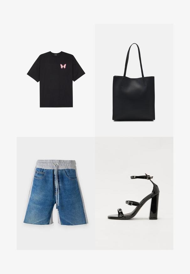 Tricou negru din bumbac cu mâneci scurte, având pe partea stângă a pieptului un mic grafic cu un fluture roz. Design cu guler rotund și croială lejeră.; Șorturi din denim cu un brâu elastic gri, dotate cu șnur. Designul include buzunare laterale și o apariție în două culori.; Sandale cu toc din patent negru, cu vârf pătrat, curele la gleznă și catarame din argint. Dispune de un toc gros pentru stabilitate.; Geantă tote neagră din piele, cu textură netedă, formă rectangulară și două mânere lungi. Fără hardware vizibil sau ornamente.