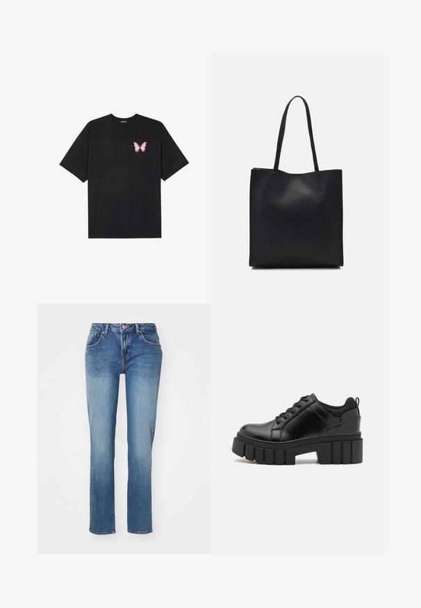 T-shirt de algodão preto com mangas curtas, apresentando um pequeno gráfico de borboleta rosa no lado esquerdo do peito. Design de gola redonda com um corte solto.; Jeans de ganga azuis com um corte reto, apresentando um design clássico de cinco bolsos e um acabamento ligeiramente desbotado. Os detalhes incluem um fecho de botão e zíper.; Sapatos de plataforma em couro preto com um salto bloco robusto, bico redondo e design clássico de atacadores. Apresentam uma textura suave e detalhes mínimos.; Bolsa tote preta em couro com textura lisa, forma retangular e duas alças longas. Sem hardware ou enfeites visíveis.