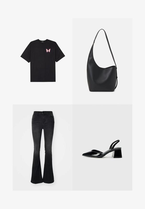 Black cotton t-shirt with short sleeves, featuring a small pink butterfly graphic on the left chest. Crew neck design with a relaxed fit.; Black flared jeans made of denim, featuring a high-waisted design with front pockets, a button closure, and a clean finish at the hem.; Black patent leather slingback heels with a pointed toe and a geometric block heel. Features a sleek, minimal design and smooth texture.; Black leather hobo bag with a smooth texture, curved shape, and single adjustable strap; features a wide opening at the top.