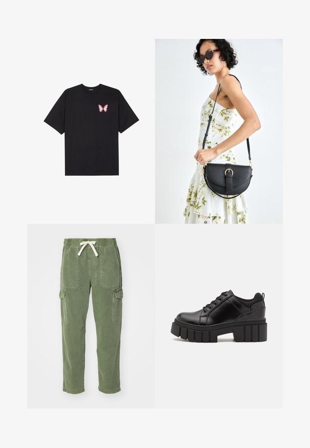 Čierne bavlnené tričko s krátkymi rukávmi, s malým ružovým motýlikom na ľavej hrudi. Design s okrúhlym výstrihom a uvoľneným strihom.; Zelené cargo nohavice vyrobené z bavlny s uvoľneným strihom, elastickým pásom, šnúrkou a dvoma veľkými bočnými vreckami. Mäkka textúra.; Čierne kožené platformy s masívnym blokovým podpätkom, okrúhlou špičkou a tradičným šnurovaním. Má hladký povrch a minimálne detaily.; Čierna kožená kabelka s zaobleným tvarom, odnímateľným popruhom a zlatými doplnkami. Kabelka má klopu s detailom s prackou.
