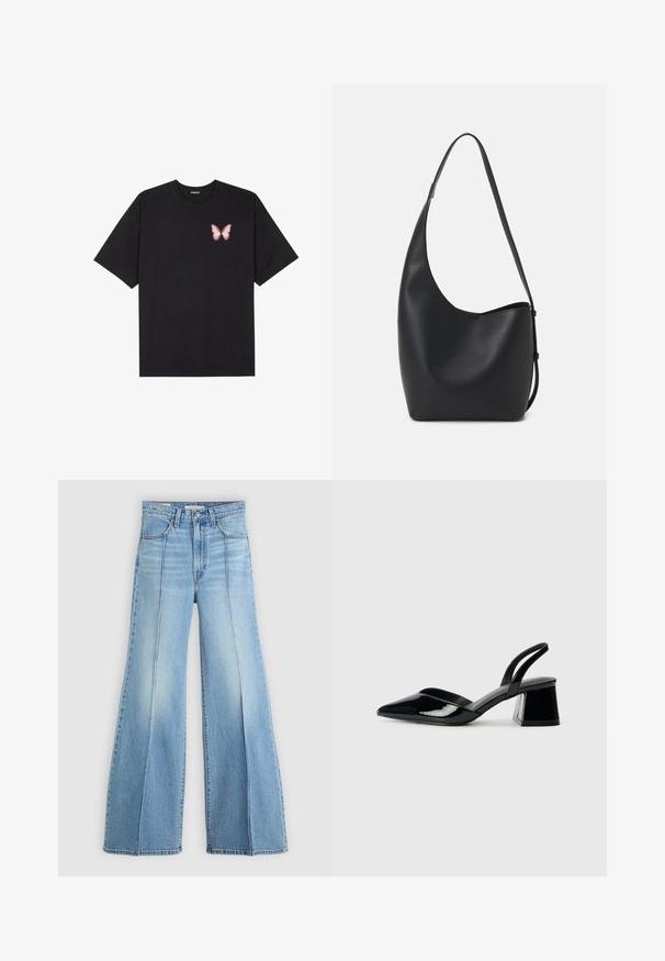T-shirt de algodão preto com mangas curtas, apresentando um pequeno gráfico de borboleta rosa no lado esquerdo do peito. Design de gola redonda com um corte solto.; Jeans de cintura alta em azul claro, com pernas largas, bolsos dianteiros e traseiros, passantes para cinto e detalhes de costura vertical na parte da frente.; Sandy em verniz preto com salto slingback, ponta afilada e salto geométrico. Apresenta um design elegante e minimalista com textura suave.; Saco hobo preto em pele com uma textura lisa, forma curva e uma única alça ajustável; apresenta uma abertura larga na parte de cima.