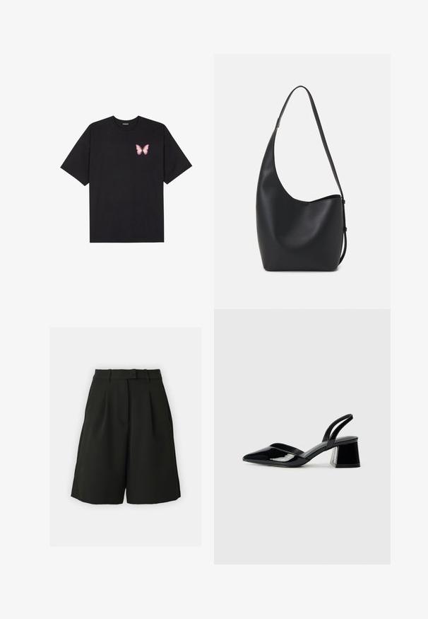 Černé bavlněné tričko s krátkým rukávem, na levém prsou s malou grafikou růžové motýlky. Design s kruhovým výstřihem a volným střihem.; Vero Moda Tall VMBECCA BERMUDA - Šortky - black; Černé lakované kožené lodičky na pásku s špičatou špičkou a geometrickým blokovým podpatkem. Vyznačují se elegantním, minimalistickým designem a hladkým povrchem.; Černá kožená hobo taška s hladkým povrchem, zakřiveným tvarem a jedním nastavitelným popruhem; má široké otevírání nahoře.