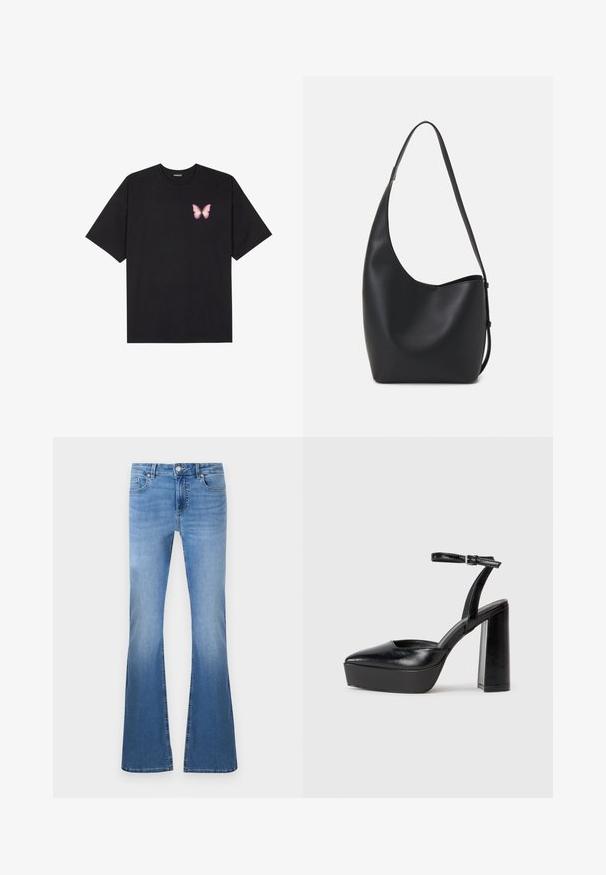 Black cotton t-shirt with short sleeves, featuring a small pink butterfly graphic on the left chest. Crew neck design with a relaxed fit.; Light blue flared jeans with a faded finish, featuring a front button and zipper closure, five-pocket styling, and visible stitching details.; Black platform heels with a pointed toe and adjustable ankle strap. Constructed from smooth leather, featuring a chunky block heel.; Black leather hobo bag with a smooth texture, curved shape, and single adjustable strap; features a wide opening at the top.