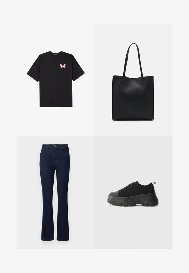 Must muströöpidega must puuvillane T-särk, vasakul rinnal on väike roosa liblikas. Ümar kaelus ja vabalt istuv lõige.; Tumedat sinised teksapüksid, millel on laienev jalgade disain, viis taskut ja nööpkinnitus taljes. Sile tekstuur minimaalse õmblemisega.; Mustad mustad mustikad, millel on tugev kummist põhi, tekstuuriga kangast pealis, ümar varvas ja seotud disain. Omab tugevdatud silmuseid ja tagumist tõmbeotsta.; Mustast nahast kott sujuva tekstuuriga, ristkülikukujuline ja kahe pika sangaga. Pole nähtavat riistvara ega kaunistusi.