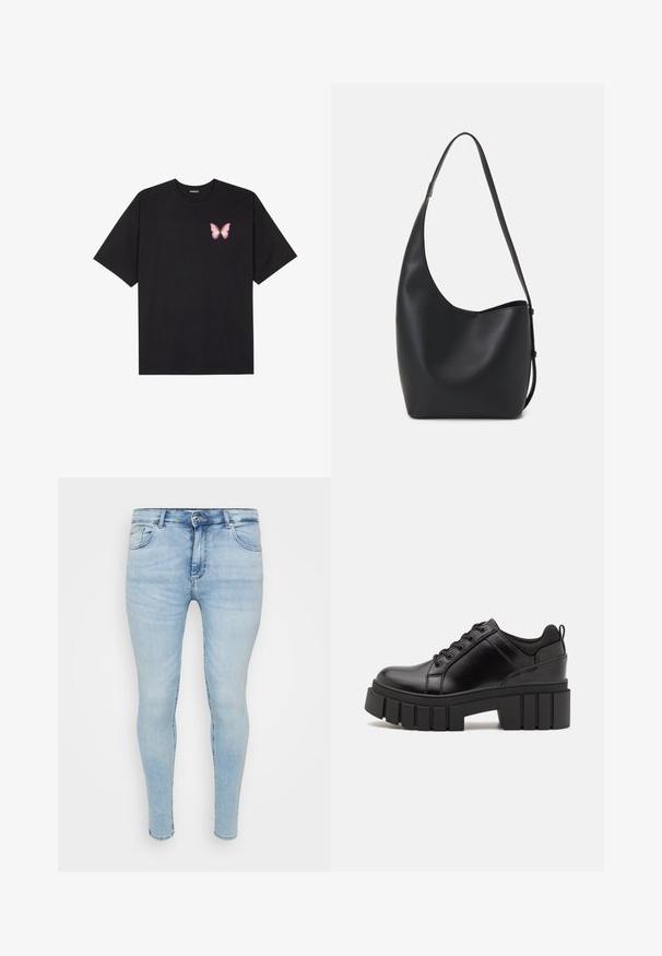 Fekete pamut póló rövid ujjakkal, bal mellkason egy kis rózsaszín pillangó grafikával. Kerek nyakú kialakítás, laza fazonnal.; Világoskék, keskeny farmernadrág, klasszikus öt zsebes dizájnnal, gombos és cipzáras záródással, valamint elhalványodott textúrával az anyagon.; Fekete bőr platform cipők vaskos blokk sarkakkal, kerek orral és hagyományos fűzős kialakítással. Simára csiszolt felület és minimális részletezés jellemzi.; Fekete bőr hobo táska sima textúrával, ívelt formával és egyetlen állítható pánttal; széles nyílás található a tetején.