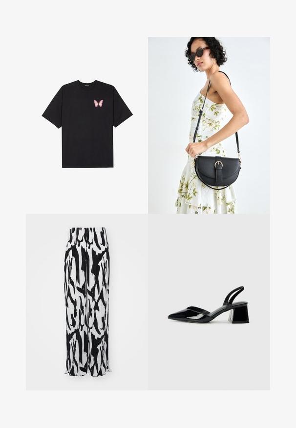 Tricou negru din bumbac cu mâneci scurte, având pe partea stângă a pieptului un mic grafic cu un fluture roz. Design cu guler rotund și croială lejeră.; Pantaloni largi pliați alb-negru, cu un model abstract, dintr-un material texturat și cu un tiv ușor curbat la baza.; Pantofi cu toc slingback din piele lacuită neagră, cu vârf ascuțit și toc geometric. Prezintă un design elegant, minimalist și o textură netedă.; Geantă din piele neagră, cu o formă curbată, curea detașabilă și accesorii aurii. Geanta are un capac cu un detaliu tip cataramă.