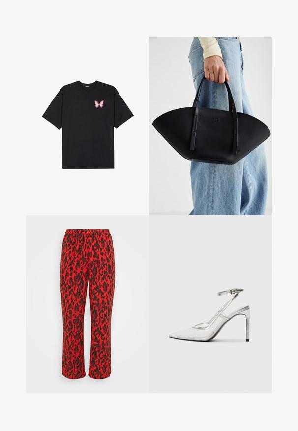 Črna bombažna majica s kratkimi rokavi, ki ima majhen roza metuljček na levi strani prsnega dela. Majica s krožnim ovratnikom in sproščenim krojem.; Rdeče hlače z leopardjim vzorcem in črnimi detajli, z elastičnim pasom in ravnim krojem. Narejene iz mehkega in lahkega materiala.; Prozoren špikasti petni čevelj s koničastim nosom, iz prozornega materiala, s kovinskimi srebrnimi dodatki in nastavljivim trakom za gleženj.; Črna usnjena torbica z edinstveno obliko ventilatorja, z ravnimi ročaji. Površina ima teksturo z drobnimi kamni in minimalističen dizajn.