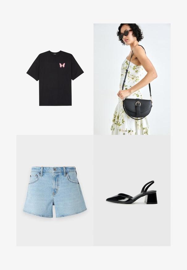 Tricou negru din bumbac cu mâneci scurte, având pe partea stângă a pieptului un mic grafic cu un fluture roz. Design cu guler rotund și croială lejeră.; Șorturi din denim de culoare albastră deschisă, cu un design clasic cu cinci buzunare, accente cusute și margine tăiată brut. Include un nasture metalic și fermoar.; Pantofi cu toc slingback din piele lacuită neagră, cu vârf ascuțit și toc geometric. Prezintă un design elegant, minimalist și o textură netedă.; Geantă din piele neagră, cu o formă curbată, curea detașabilă și accesorii aurii. Geanta are un capac cu un detaliu tip cataramă.